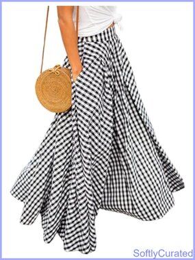 Plaid Gingham Maxi Skirt High Waist A-Line Pleated Long Skirt Side Pockets